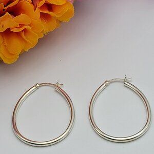 925 Sterling Silver Oval Hoop Earrings 1.75" Vintage Signed AV